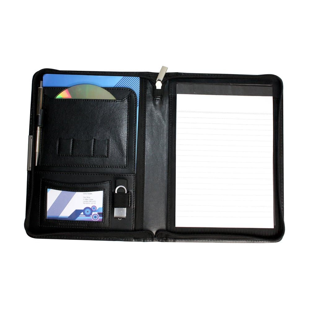 Cescahide A5 Premium Leather Zipped Conference Folder with Multi Pockets - Black