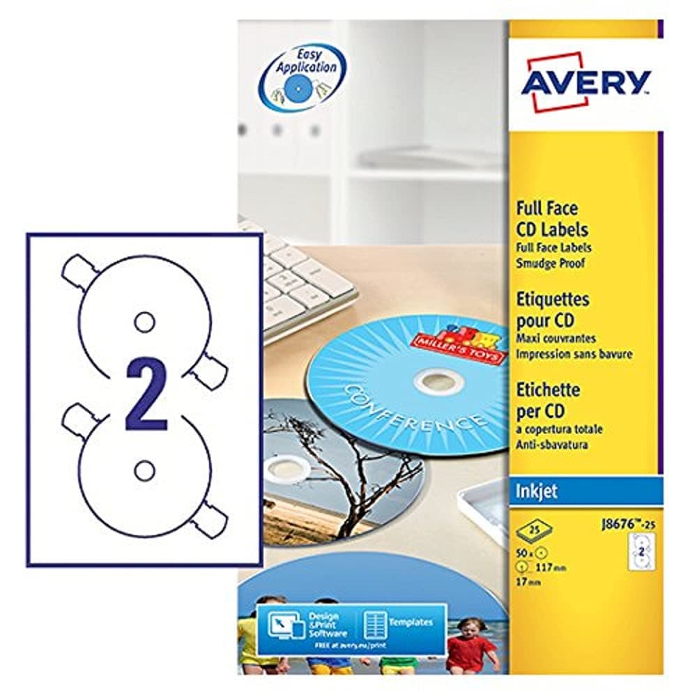 Avery J8676-25 Self-Adhesive Full Face CD Labels, 2 Labels Per A4 Sheet