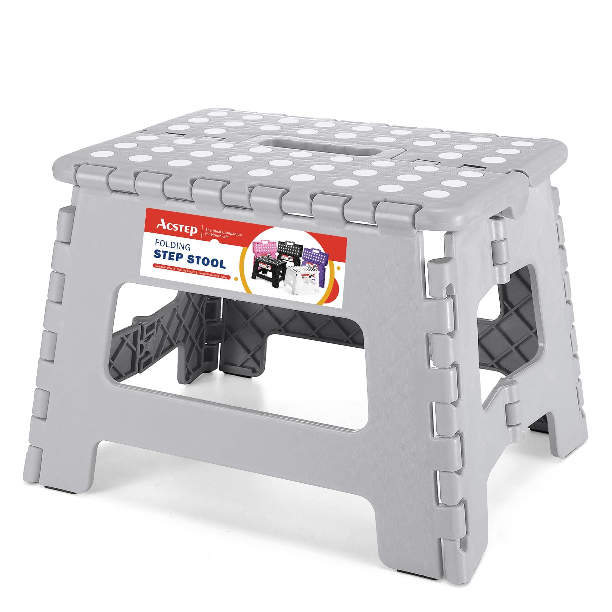 Folding Step Stool 9'' Foldable Step Stool for Kids and Adults Up to 300 lbs, Non-Slip Folding Stools with Portable Handle for Bedroom Kitchen, Bathroom Grey