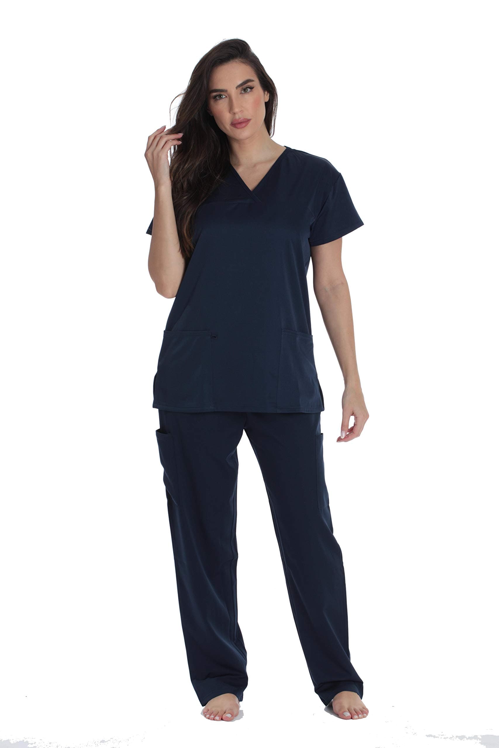 Just Love Solid Stretch Scrub Set for Women Stretchy Mock Wrap Top and Cargo Pants