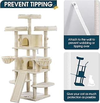 WEEWAY 68 Inches Multi-Level Large Cat Tree for Feline/Big Tower/Condo/Cozy Plush Kitty Perches/Fluffy Balls/Sisal Scratching Posts and Hammocks/Cave/Furniture Activity Center/Beige