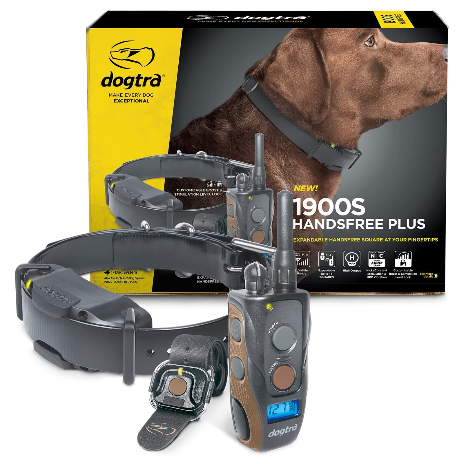 Dogtra 1900S HANDSFREE Plus Boost and Lock, Remote Dog Training E-Collar, HANDSFREE Square, 3/4-Mile Range, Rechargeable, Waterproof, High-Output, 1 Dog System, eCollar for Medium, Large Dogs