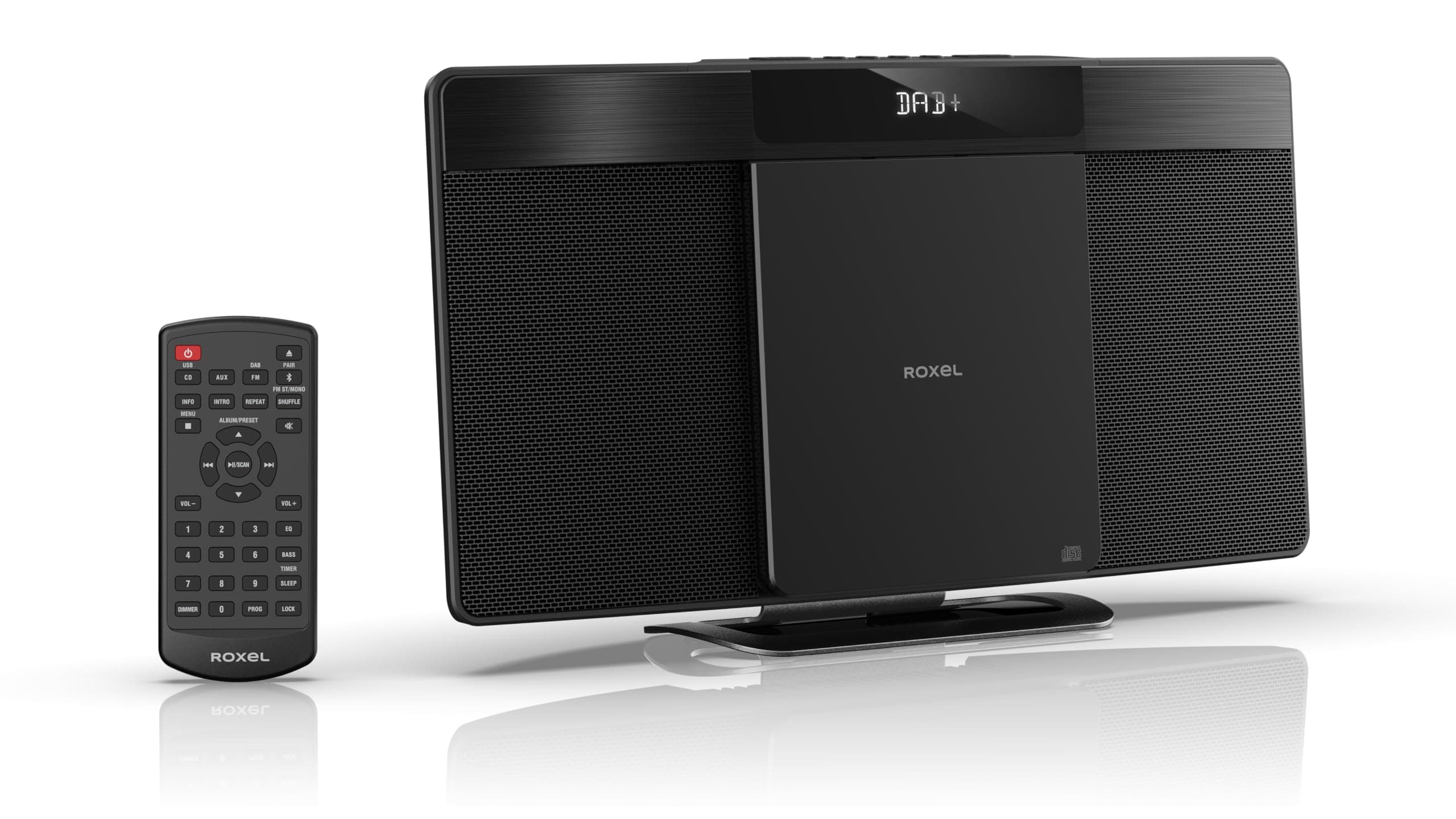 Roxel Micro HiFi System CD Player with DAB/DAB+/FM Radio, Wireless BT V5.4, Powerful Speakers, Wall Mountable, USB & AUX In, Remote Control, Sleek & Flat Design, White LED Display (RCD-200D DAB)
