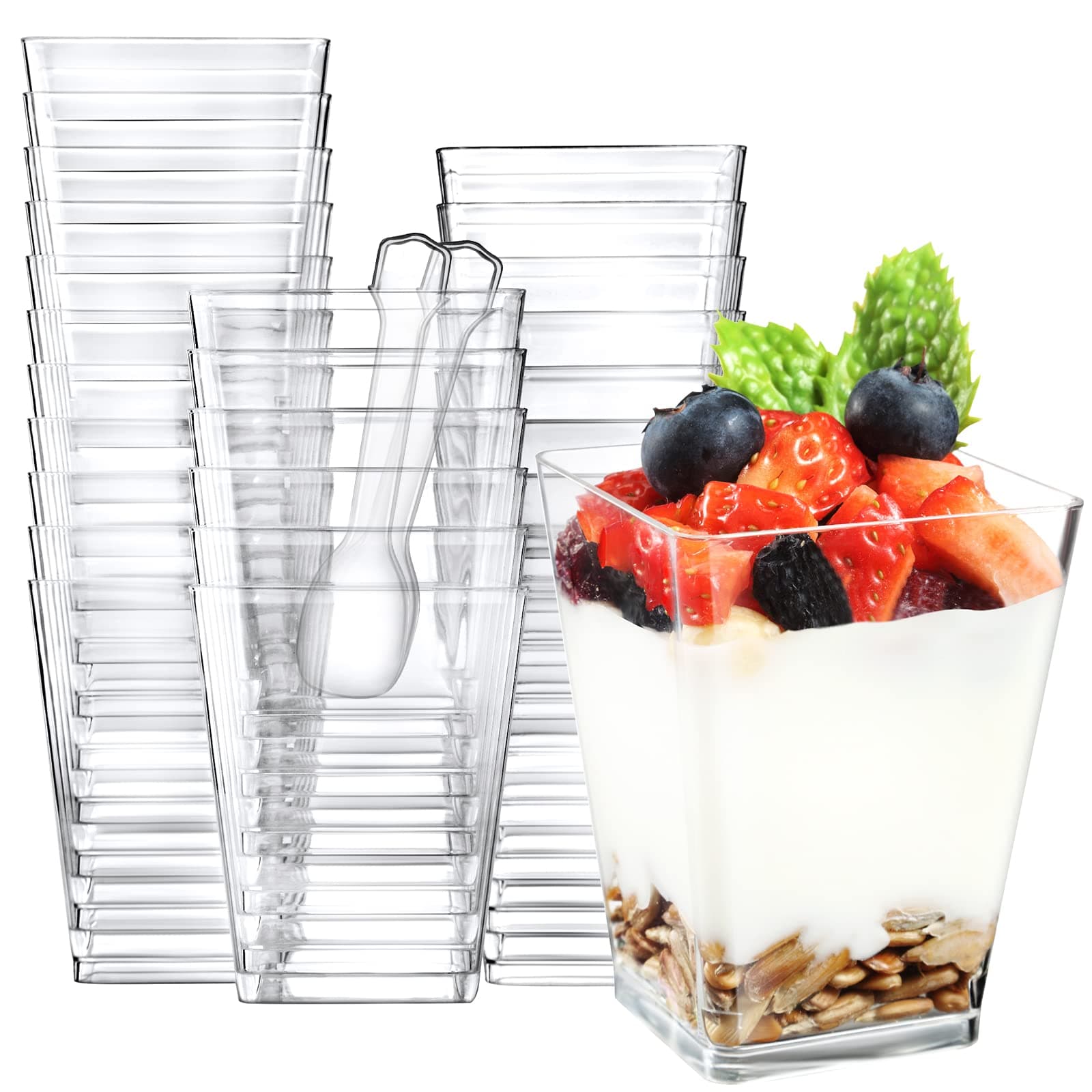 100 Pack 5 oz Square Clear Plastic Dessert Cups with Spoons Small Clear Plastic Tumbler Cups Great for Desserts, Appetizers, Puddings, Mousse, Parfait