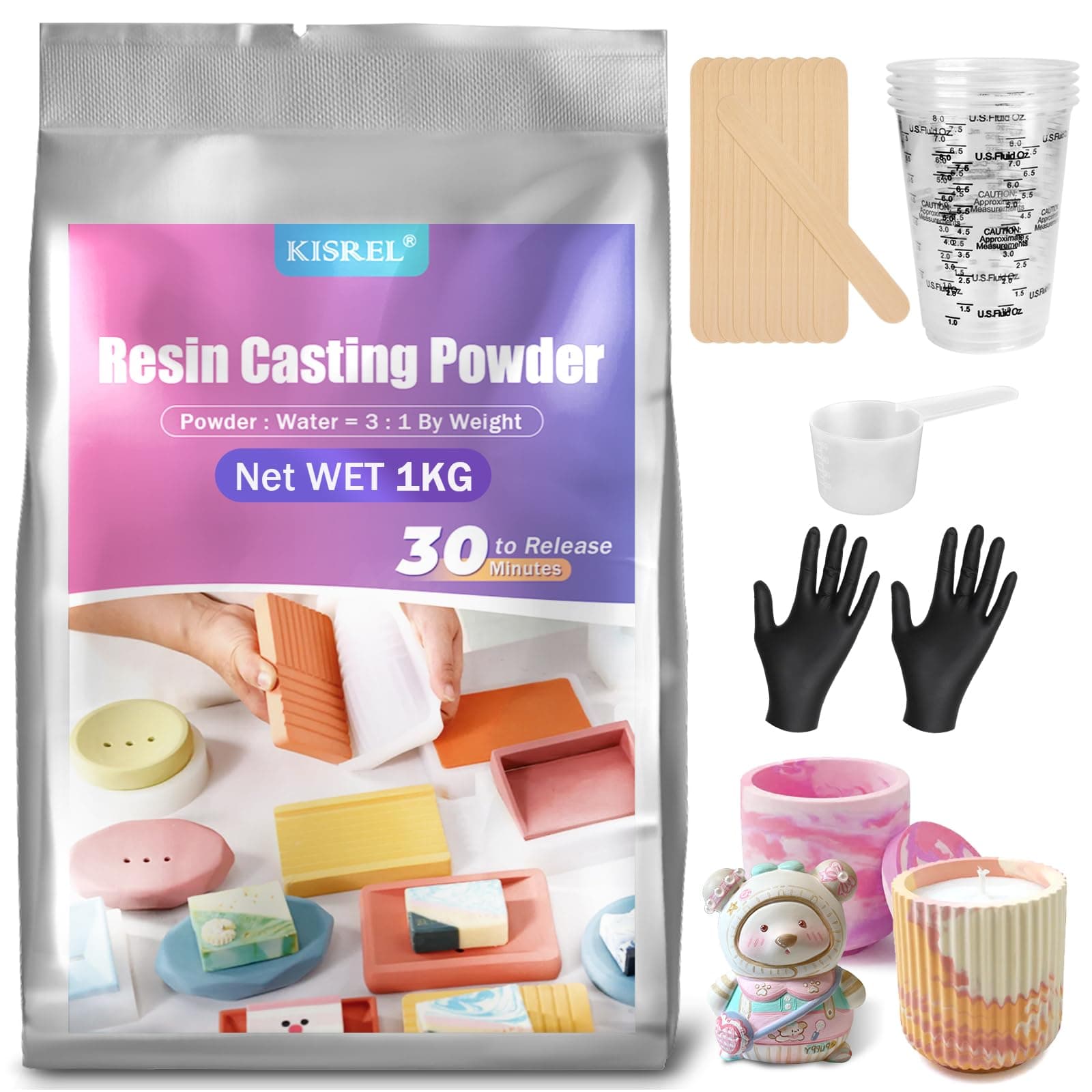 KISREL Resin Casting Powder 1000g, Fast Curing Resin Kit for Beginners, 20~30 Minutes Demold, Water Activated Plaster Powder for Craft Casting, Easy Mixing and Self Leveling