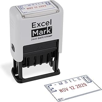 ExcelMark 2445 Date Stamp with Text - Blue and Red Ink (Gray Mount, Emailed)