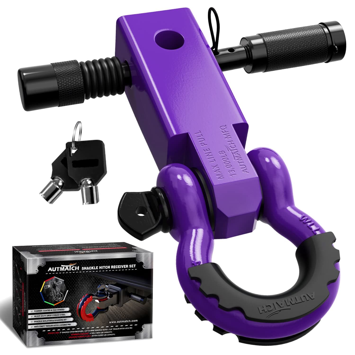 AUTMATCH Shackle Hitch Receiver 2 Inch - 3/4" D Ring Shackle and 5/8" Trailer Hitch Lock Pin, 45,000 Lbs Break Strength Heavy Duty Receiver Towing Kit for Off-Road Vehicle Recovery, Purple