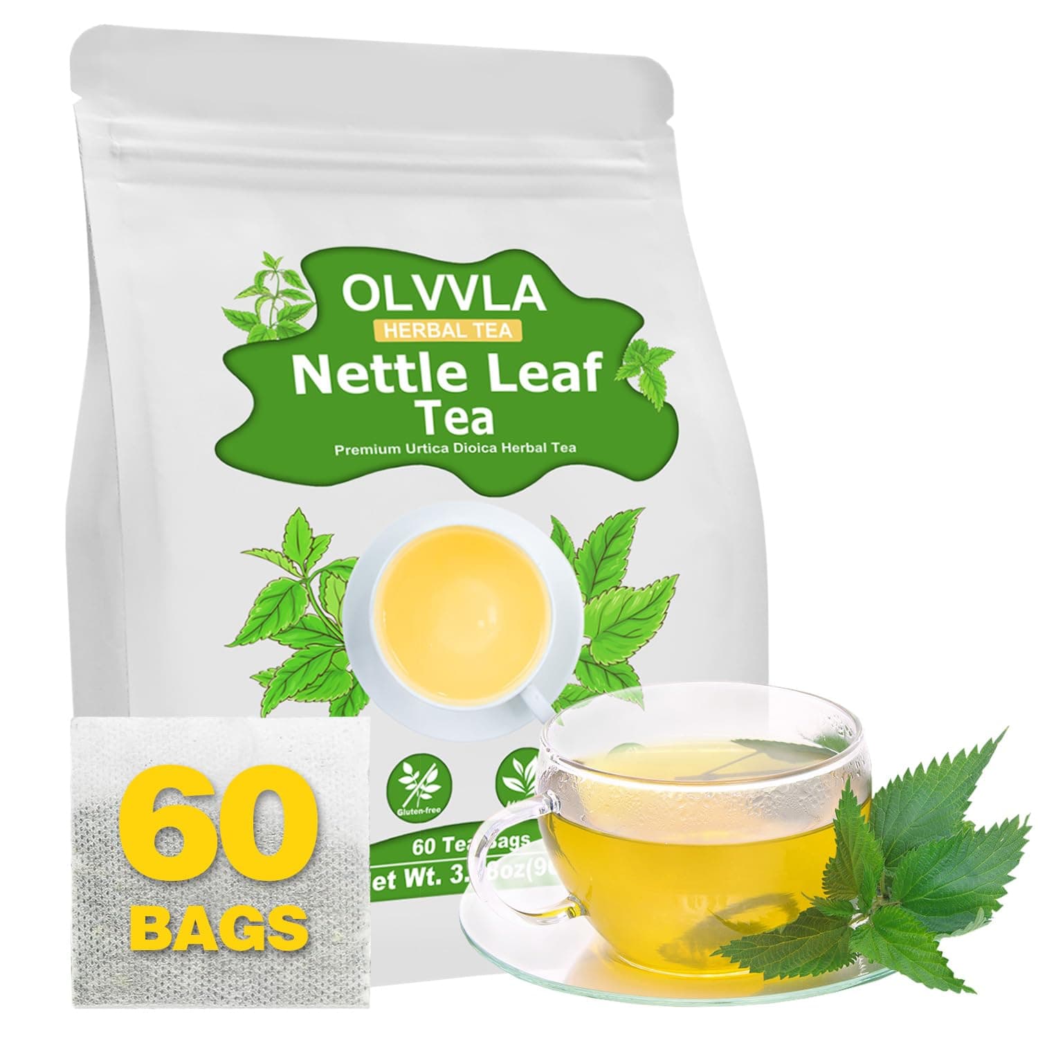 Olvvla - Premium Nettle Leaf Tea - 1.5g X 60 Count - 100% Pure Natural Stinging Nettle Tea Bag - Caffeine-free - Non-GMO - Rich in Antioxidants & Support Bone Health