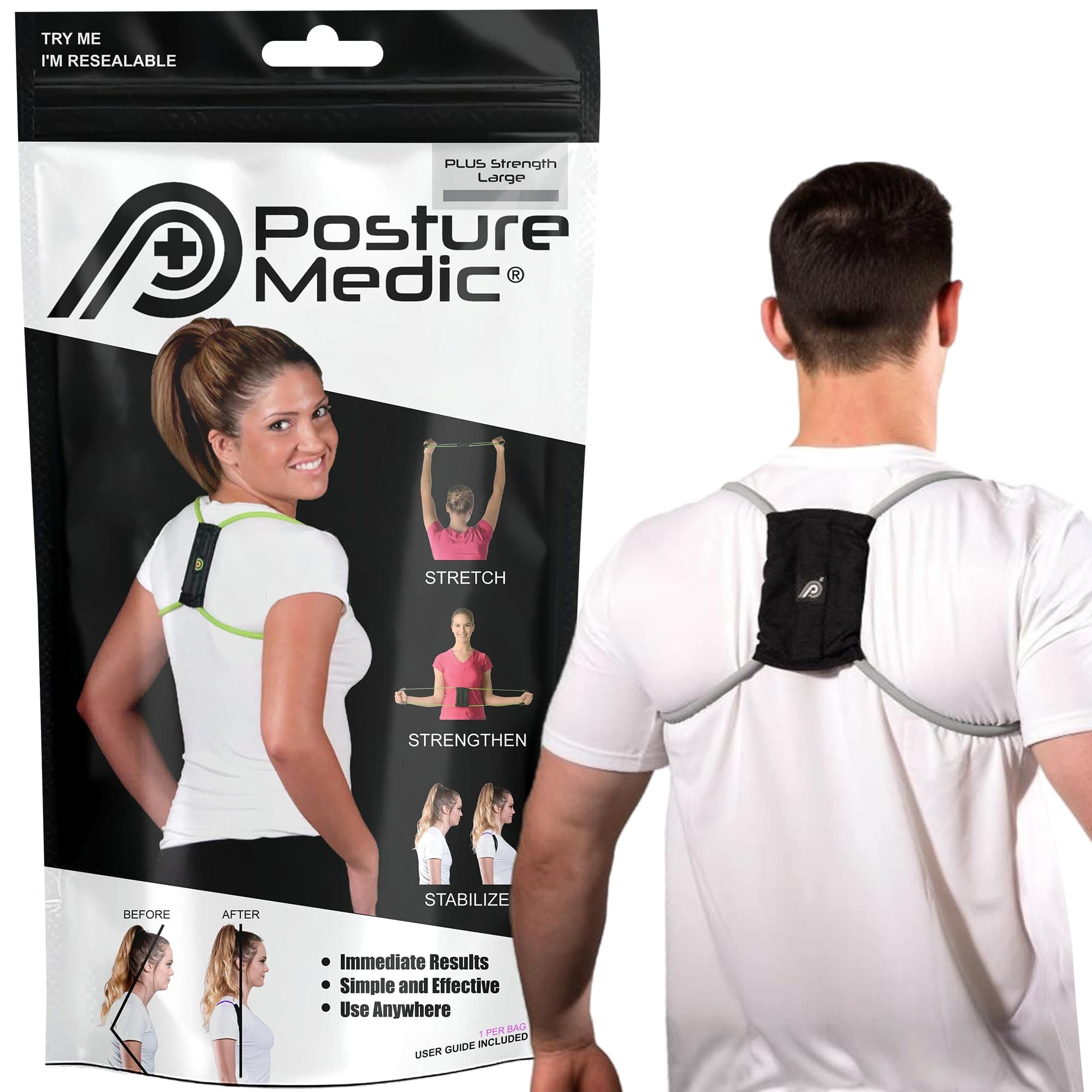 PRIMEKINETIX PostureMedic Dynamic Posture Corrector - Active Resistance Training System for Upper Back Strengthening & Shoulder Alignment - Stretches Chest, Strengthens Back - Doctor Recommended - Size L (Silver)