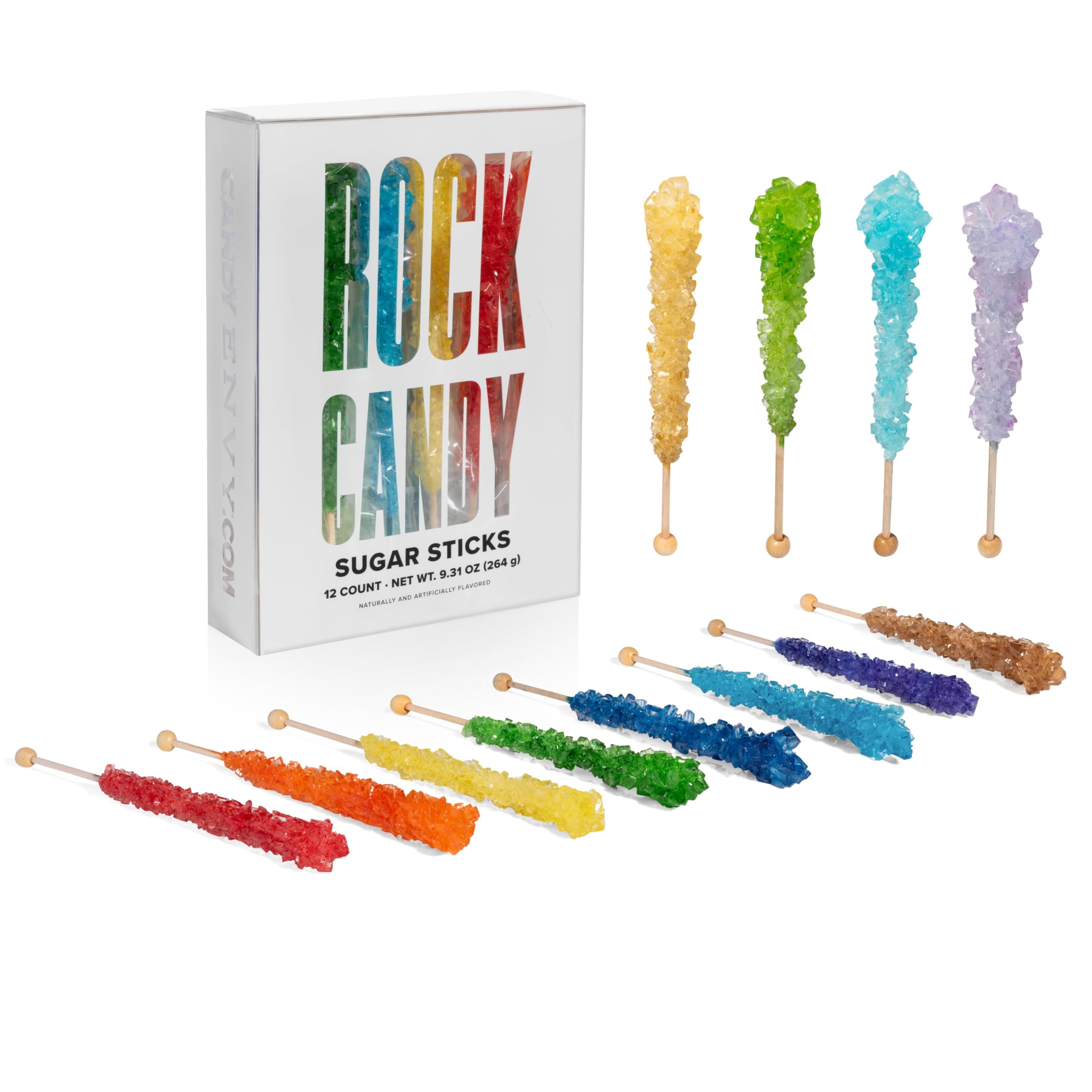 Candy Envy - Assorted Rock Candy Sugar Sticks - 12 Individually Wrapped Treats - Assorted Colors & Flavors