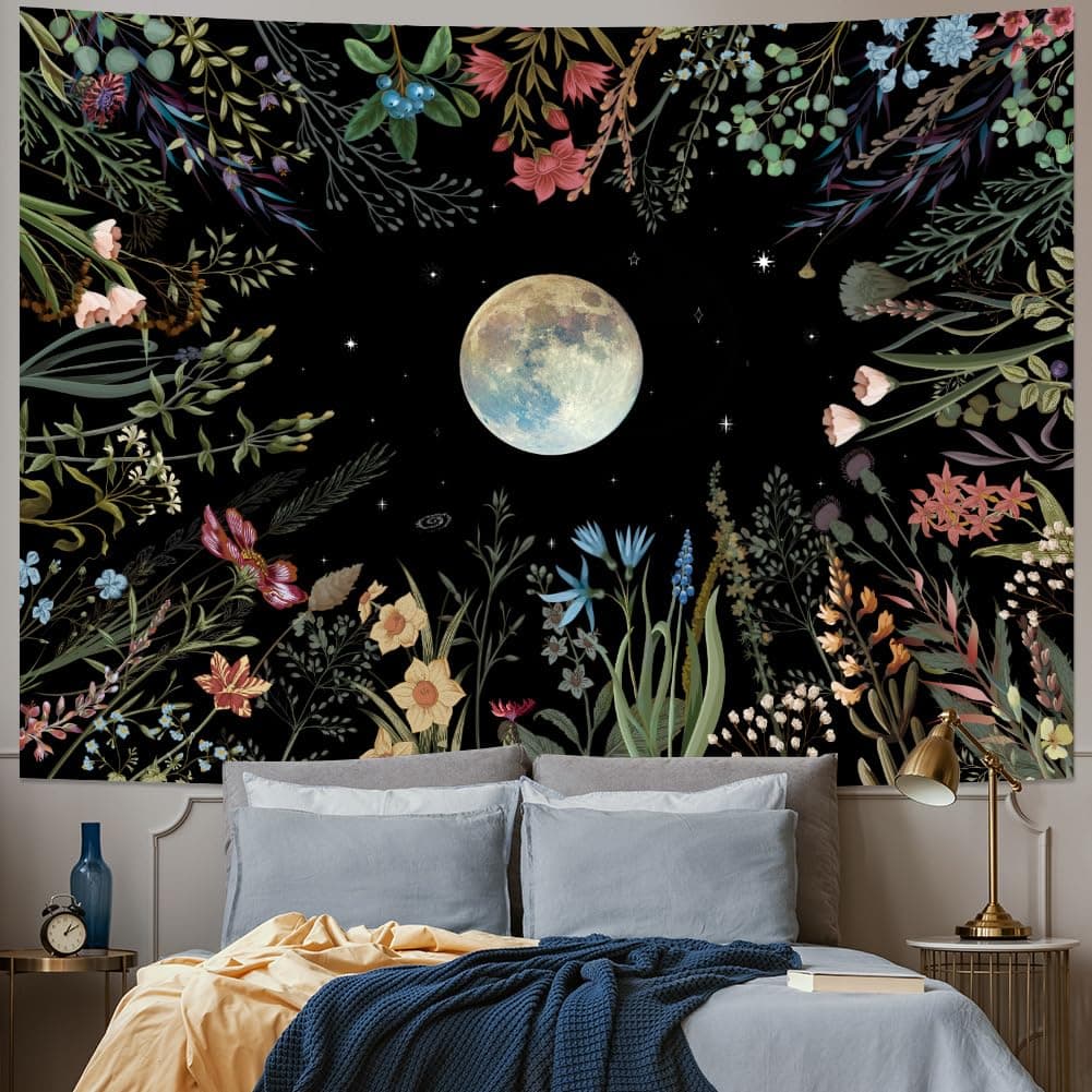 Amhokhui Moonlit Garden Tapestry Boho Moon Tapestry Floral Flower Tapestries Colorful Plants Tapestries Black Wall Hanging Decor for Home