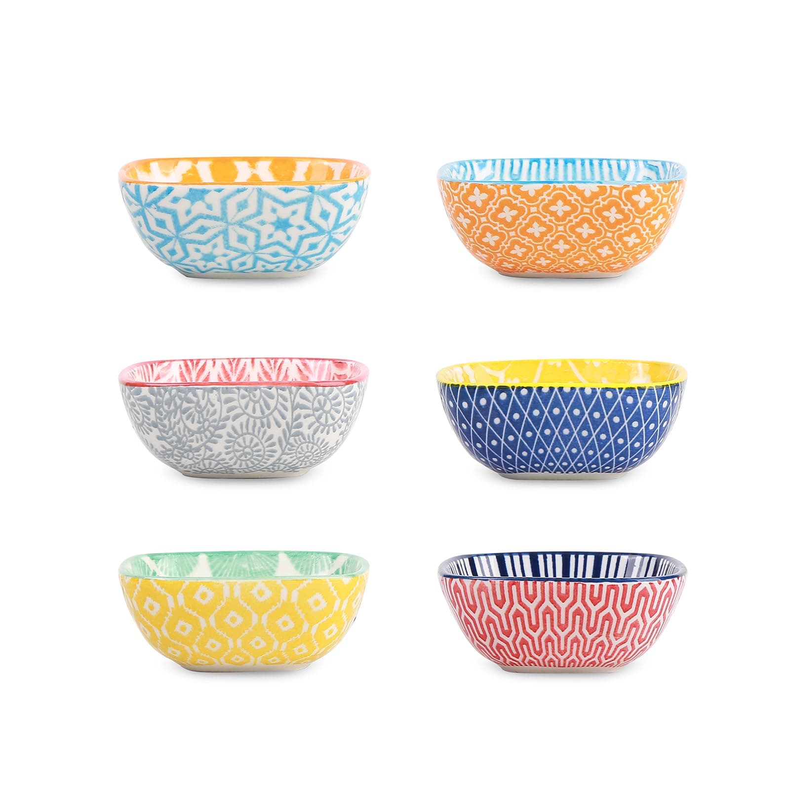 Selamica Ceramic 2.6 OZ Square Dipping Bowl Set, Soy Sauce Dish 3 inch Small Bowls for Ketchup Condiments Side Dish BBQ, Ramekins Oven safe, Stackable, Set of 6, Assorted Colors