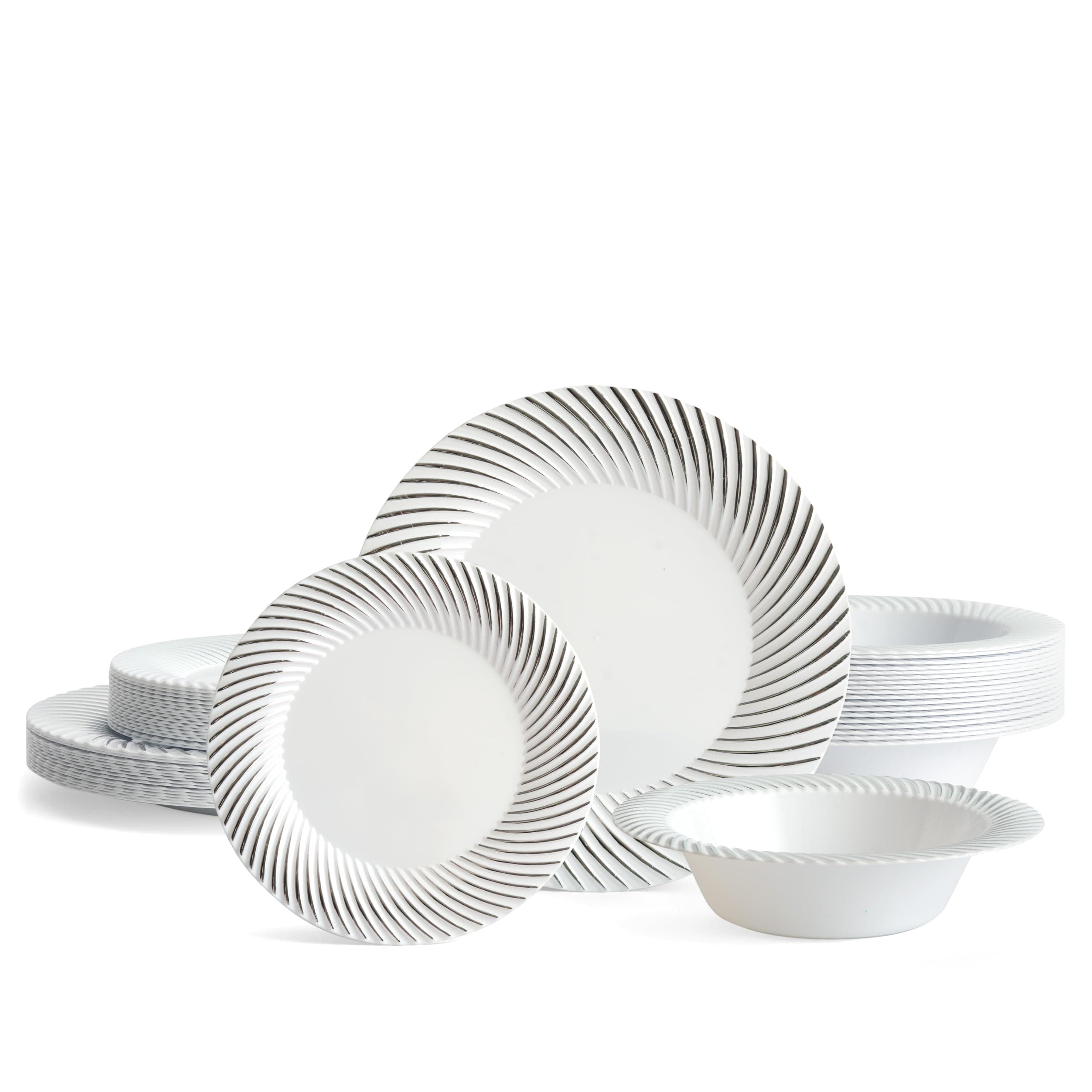 96 Pcs White Plastic Tableware Set with Silver Border - 32 Dinner Plates, 32 Side Plates, 32 Bowls - Elegant & Reusable Dinnerware for Parties, Wedding, Birthday, Picnic