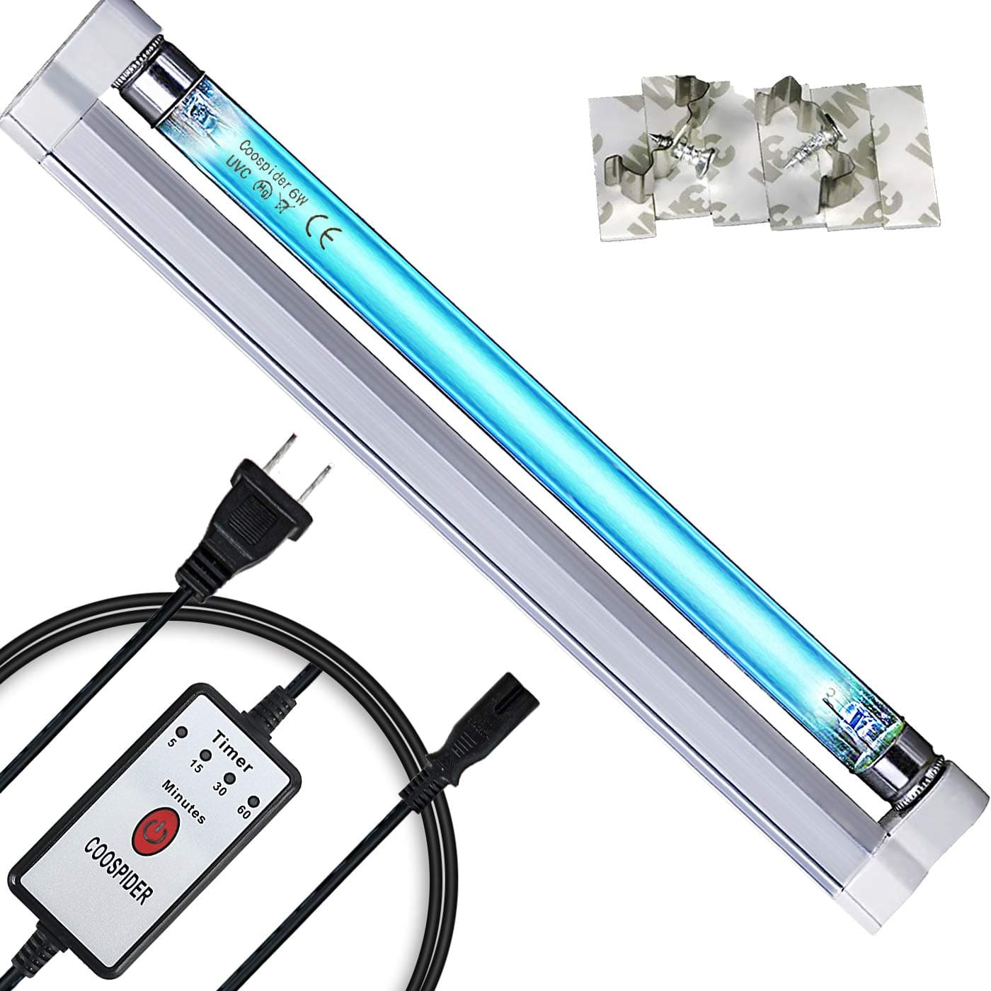 COOSPIDER U/V/C Light Lamp 253.7nm Bulb Timer 5/15/30 Minutes with 5ft Cord and Plug 110V 6W (No Ozone)
