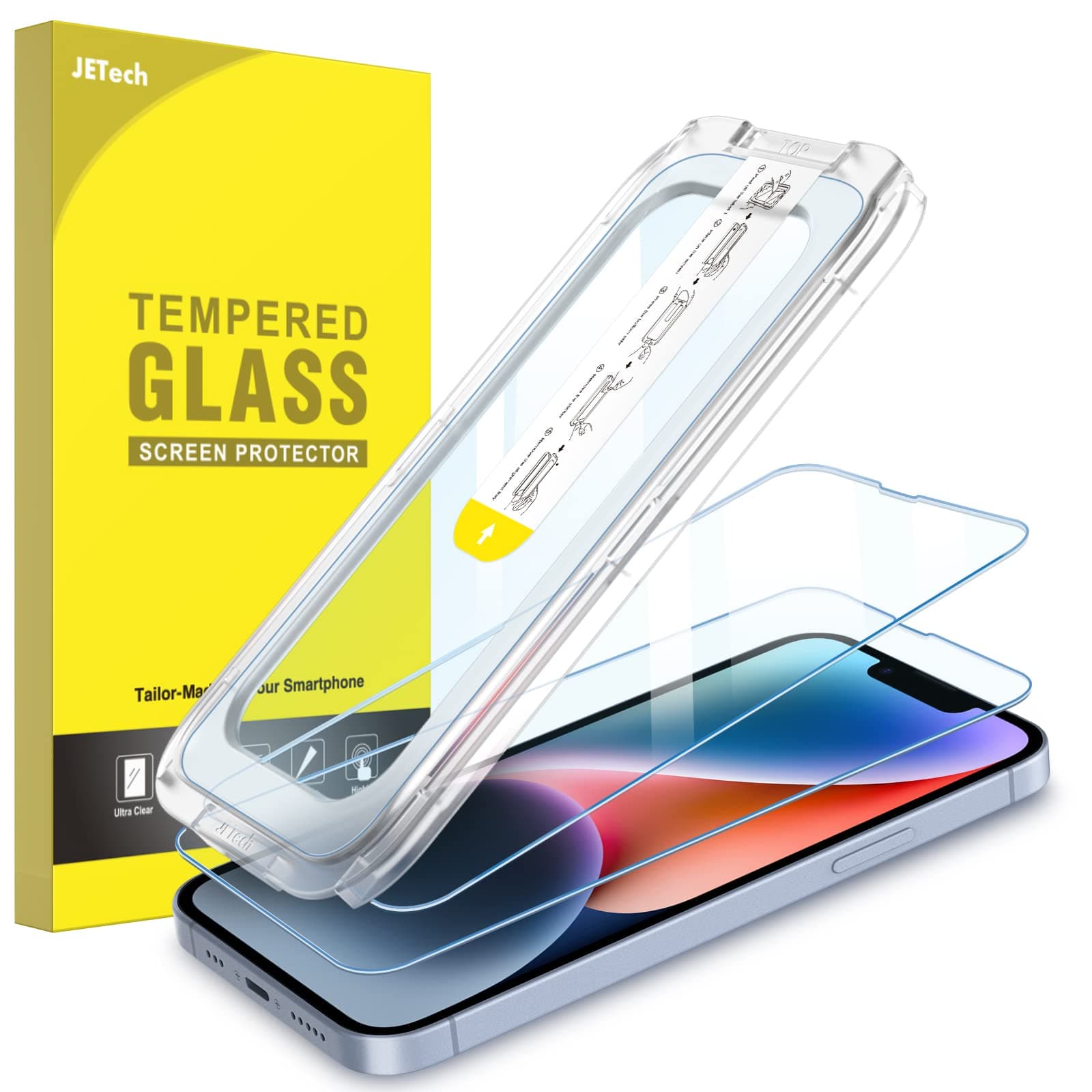 JETech One Touch Install Screen Protector for iPhone 17e (2026) / iPhone 16e / iPhone 14, Full Coverage Tempered Glass Film, Auto Alignment Tool Kit, HD Clear, 6.1-Inch Display, 2-Pack
