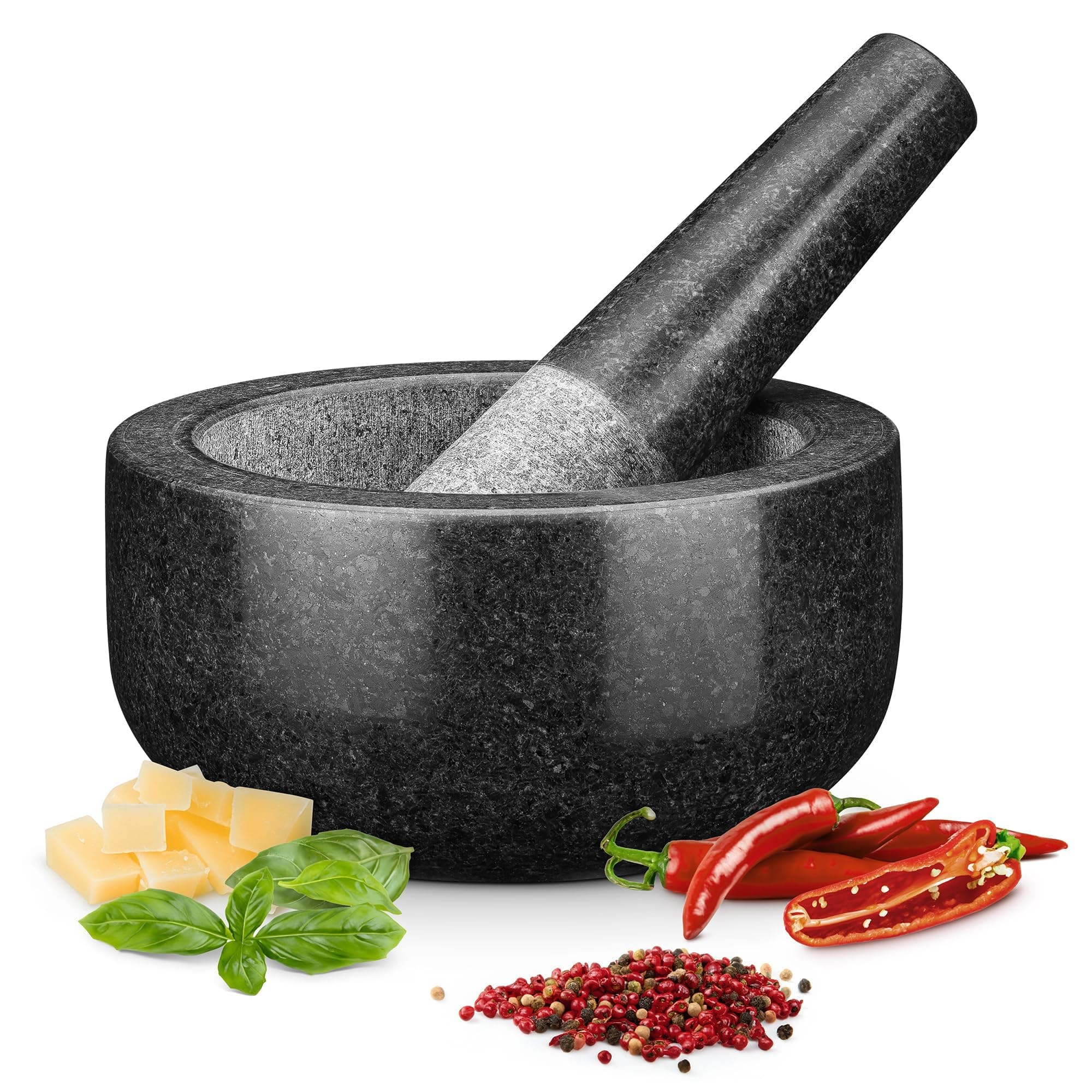 H&S Pestle and Mortar Set Large Premium Solid Granite Stone Black - 16cm(6.3") Diameter