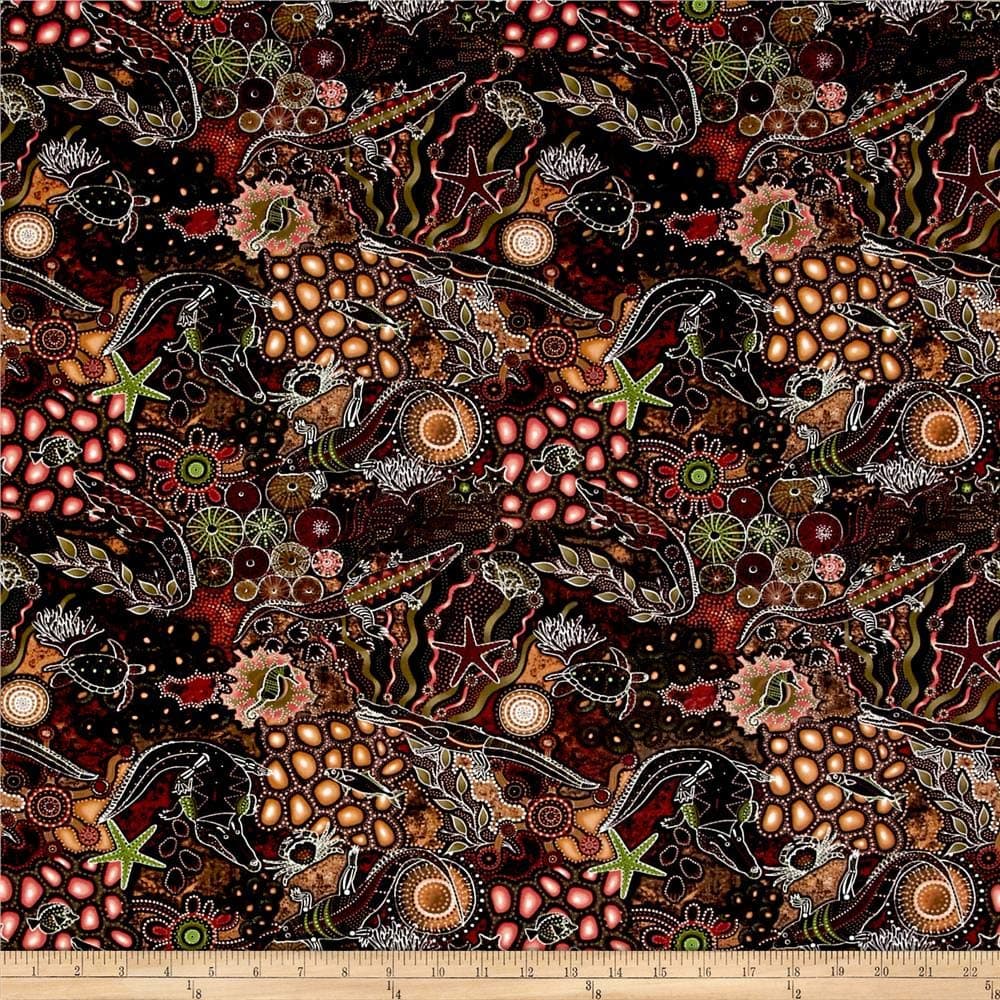 Oasis Fabrics Down Under Aboriginal Tossed Sea Creatures Multi, Cocoa/Multicolor