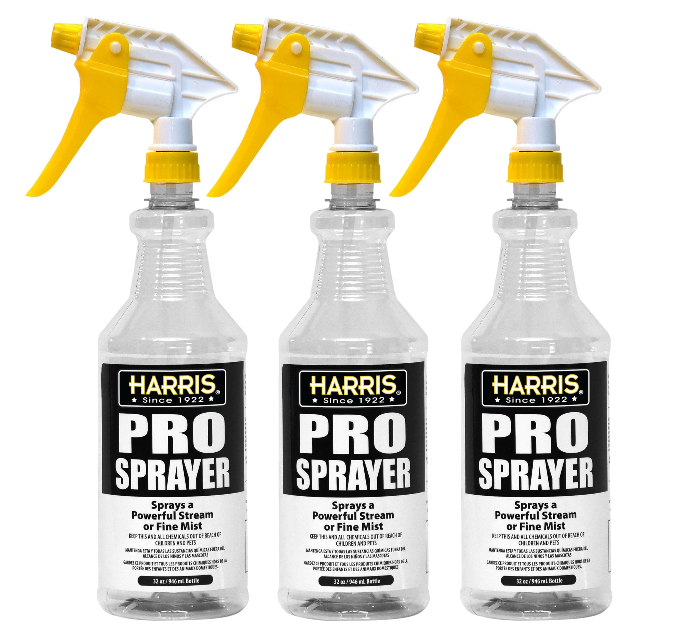 HARRIS FAMOUS ROACH TABLETS Professional Spray Bottle 32oz (3-Pack), All-Purpose for Cleaning and Plants with Clear Finish, Pressurized Sprayer, Adjustable Nozzle and Measurements