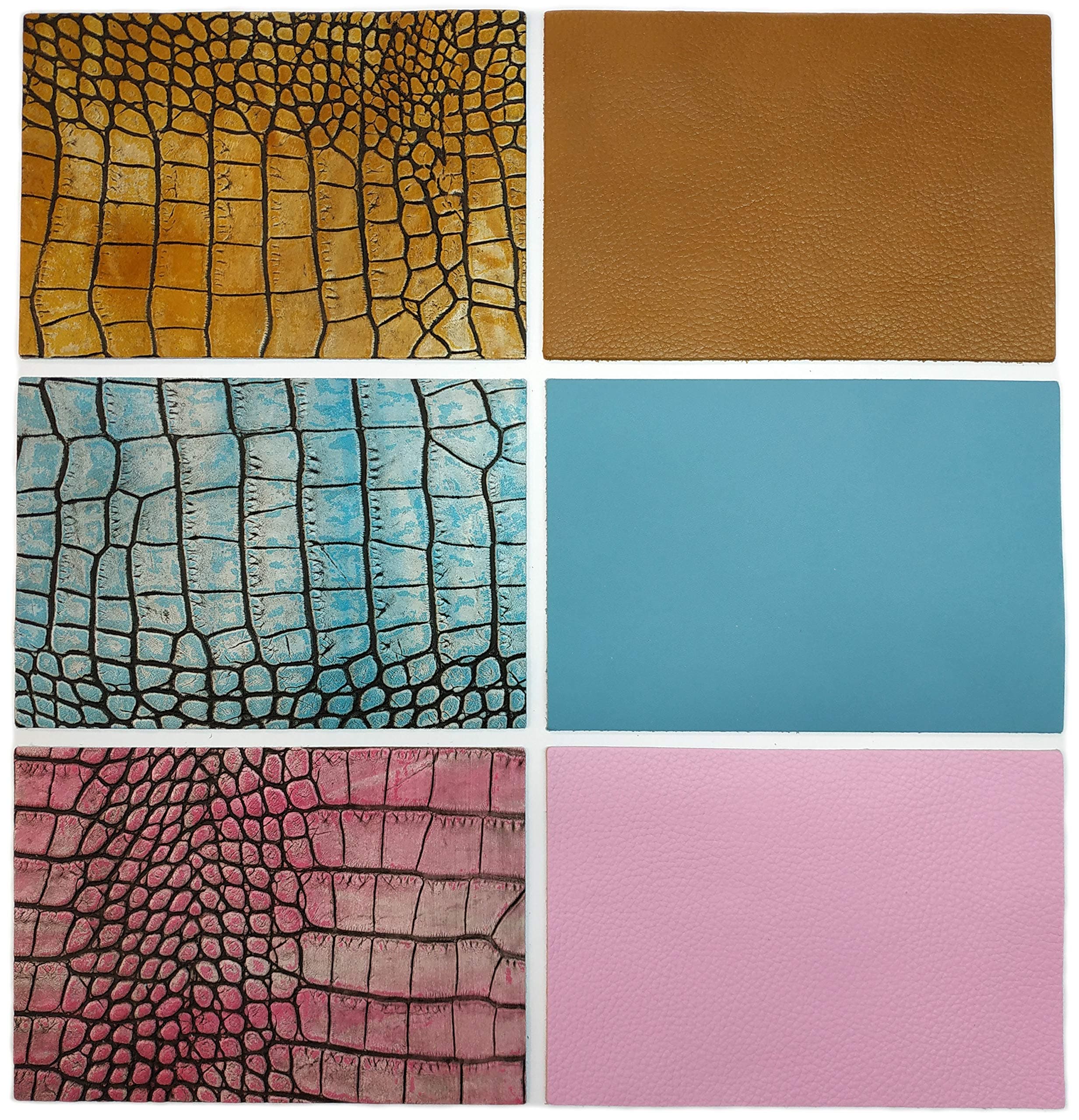Upon Leather- 6 Genuine Leather Pieces. Cowhide Embossed Croc Pattern & Matching Plain Colors | Scraps 7”x 4.8” in. | Sheets pre-Cut from Whole Skins. for Crafts, Earrings, Jewelry. Happy Colors